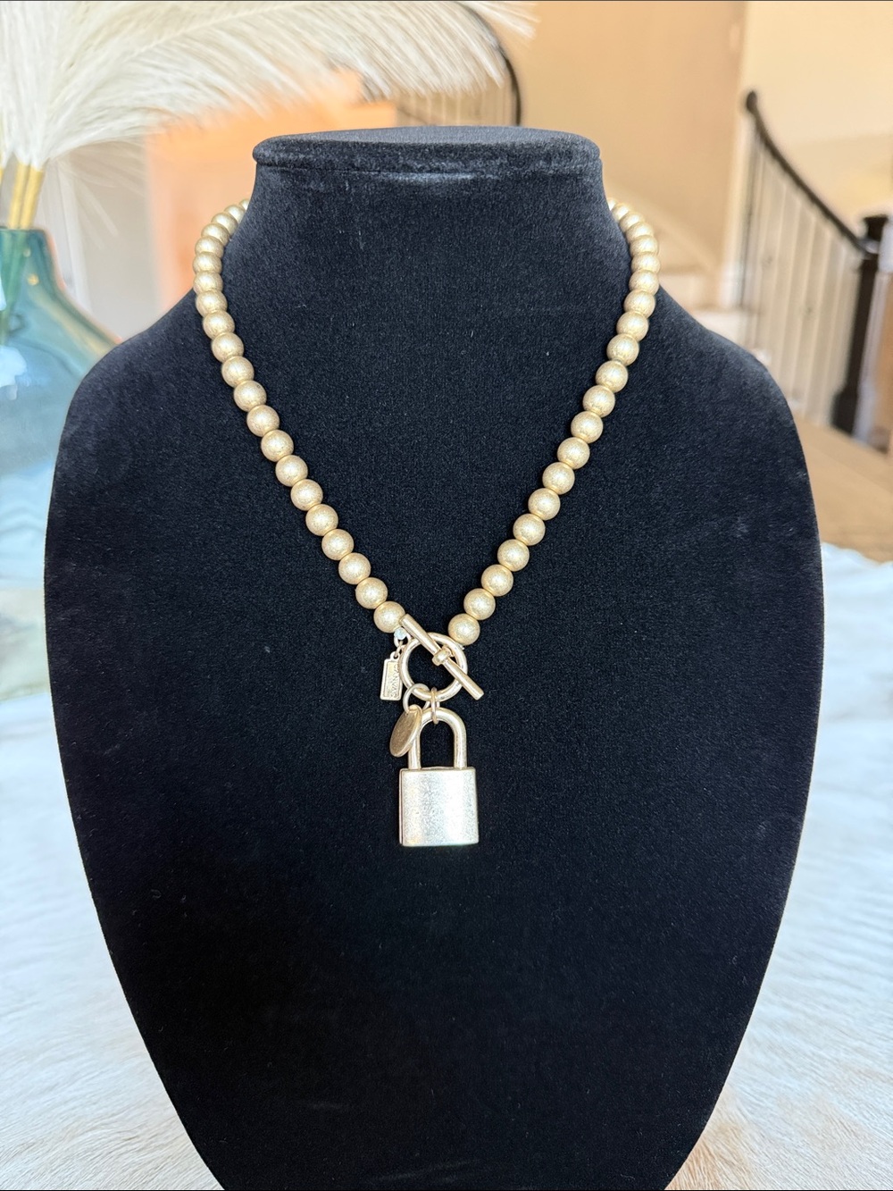 Canvas Style- Gold Pearl Bead Necklace with Padlock Charm